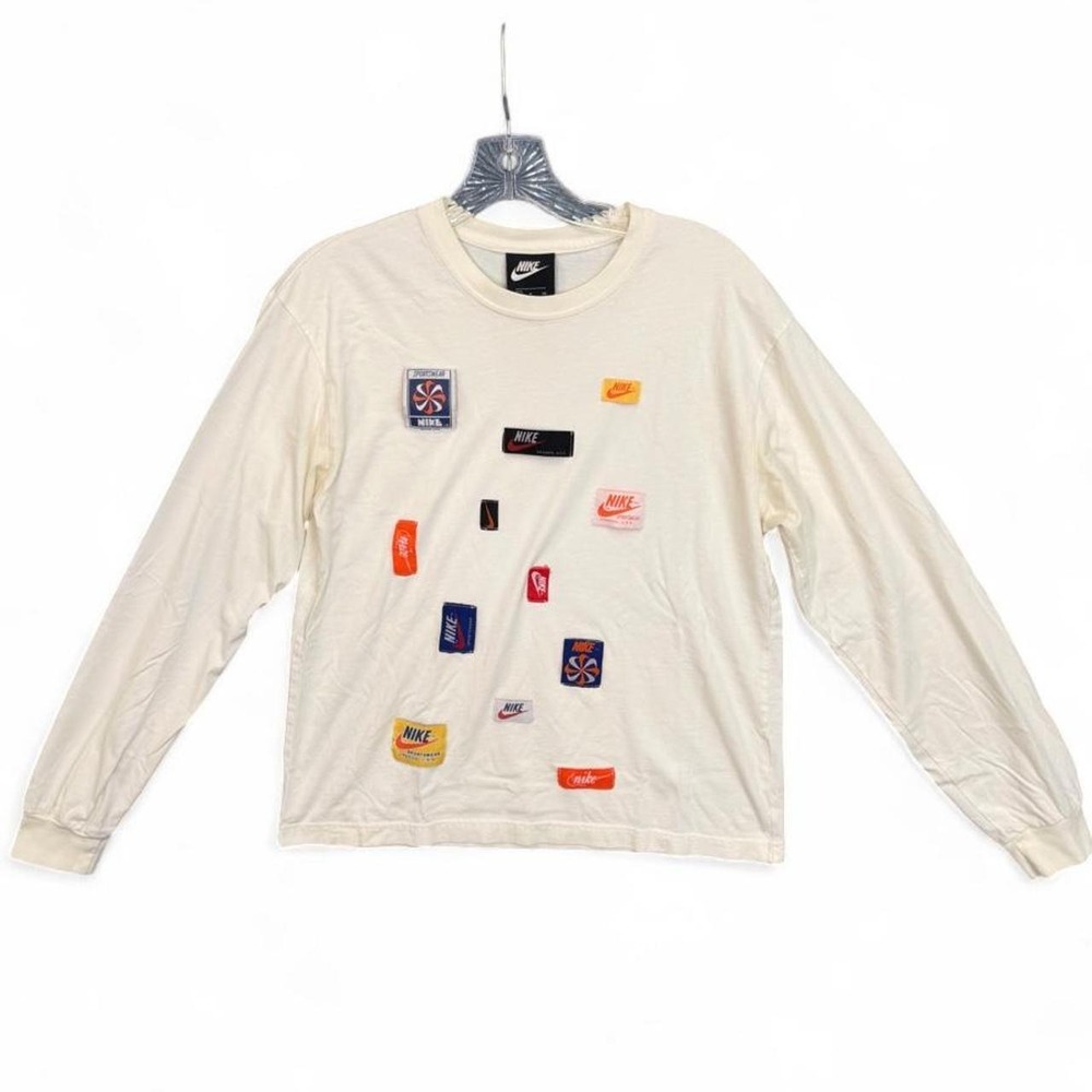 Nike Sportswear Long Sleeve Shirt Mens Small Cream Off White Multi Logo Tags